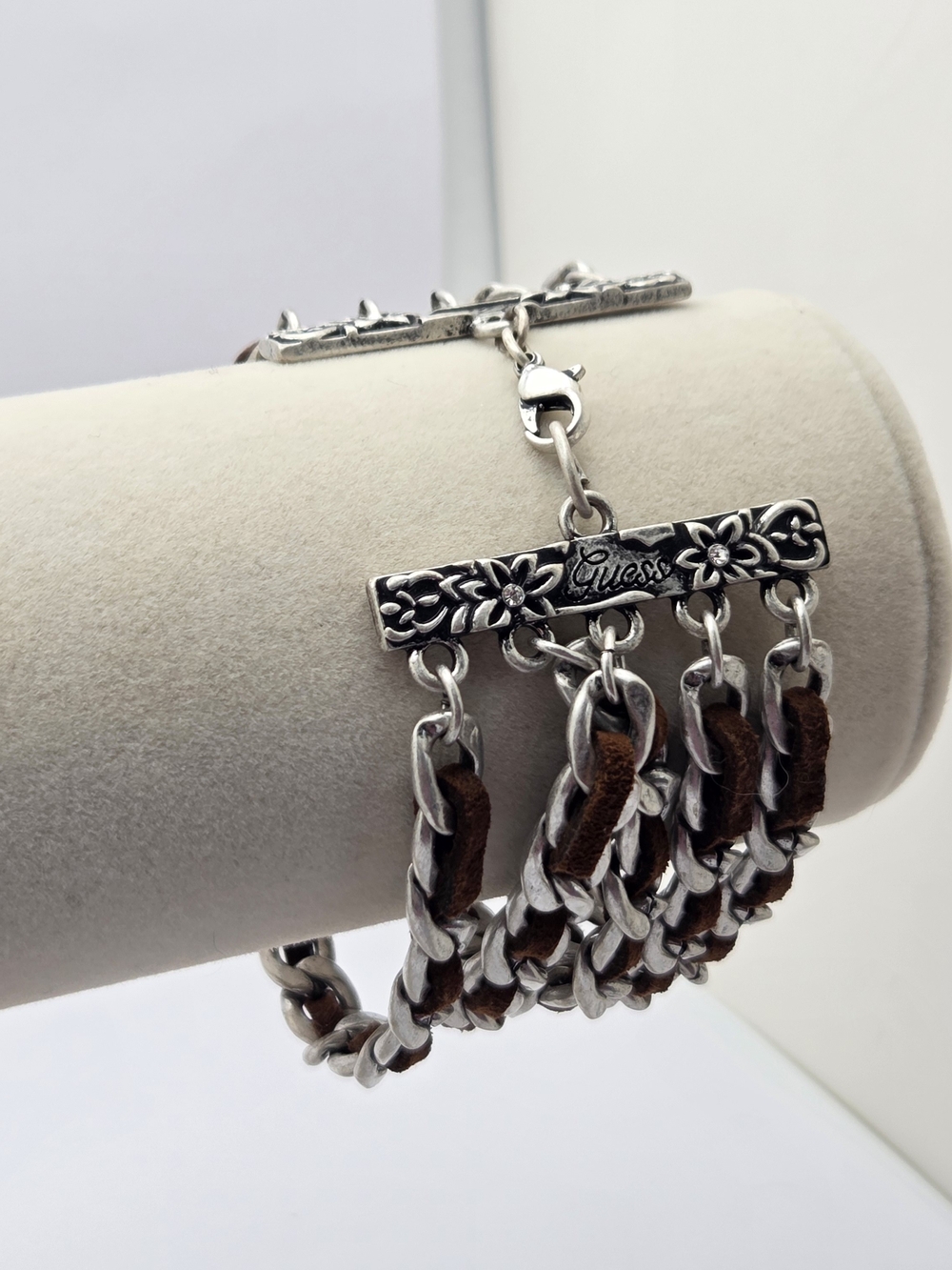 ​GUESS Silver Tone Multi Strand Wide Chain & Brown Suede Cuff Bracelet